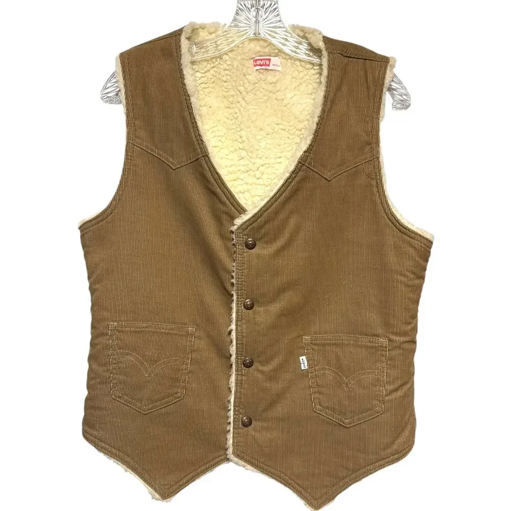 Levi's Sherpa Lined Corduroy Vest Vintage 70s Made in USA Tan Cream Medium